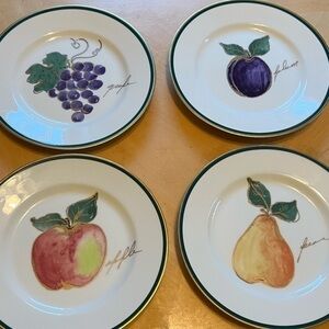 Crate & Barrel Fruit Plates 8” Set of Four, Apple, Pear, Plum, Grapes